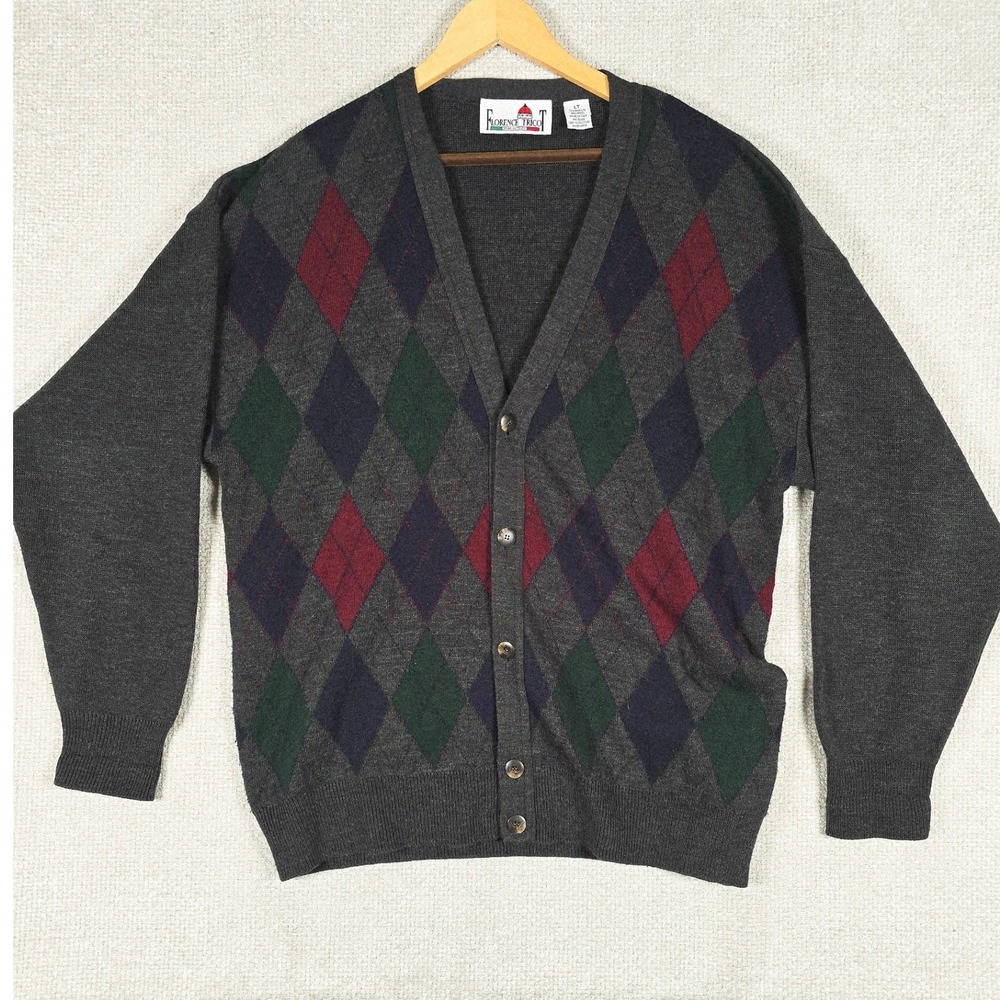 Florence Tricot Mens Argyle Cardigan Sweater Gray‎ Wool Blend Made in Italy LT